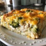 A close-up of a rich slice of Chicken Divan featuring shredded chicken, broccoli florets, and a thick layer of melted cheddar cheese topping.