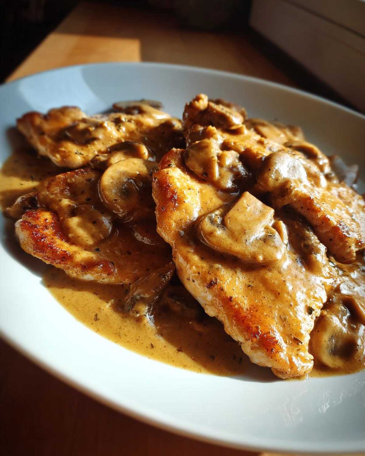Close-up of pan-seared chicken breasts smothered in a rich, creamy mushroom sauce, classic chicken marsala.