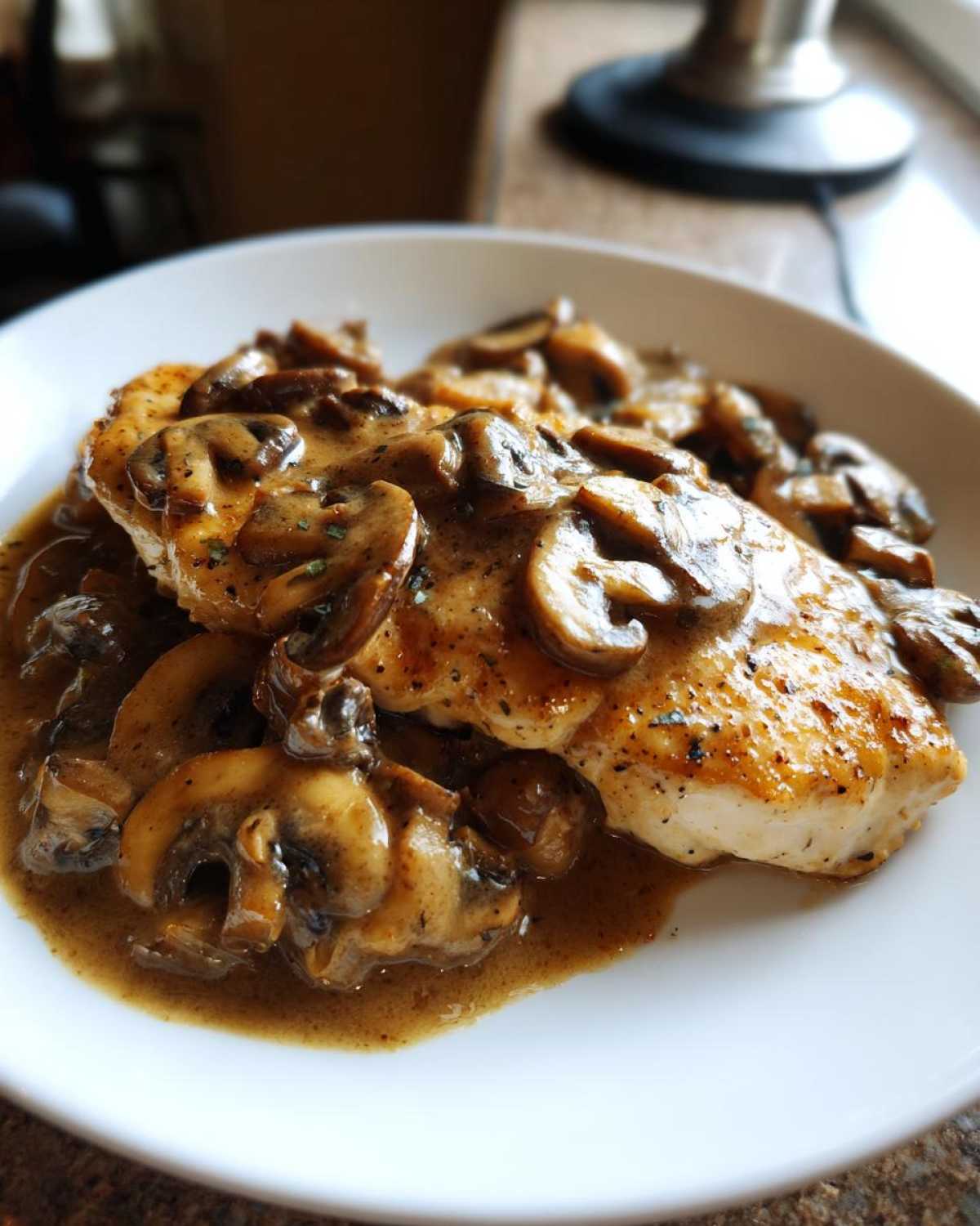 Close-up of a golden chicken breast smothered in rich mushroom sauce, classic chicken marsala.