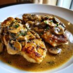 Close-up of three golden-brown chicken breasts covered in rich mushroom sauce, a delicious chicken marsala dish.