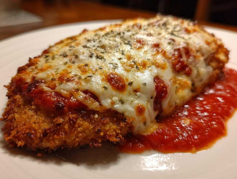 Close-up of a perfectly cooked chicken parmesan recipe cutlet, golden brown and crispy, covered in melted mozzarella and marinara sauce.