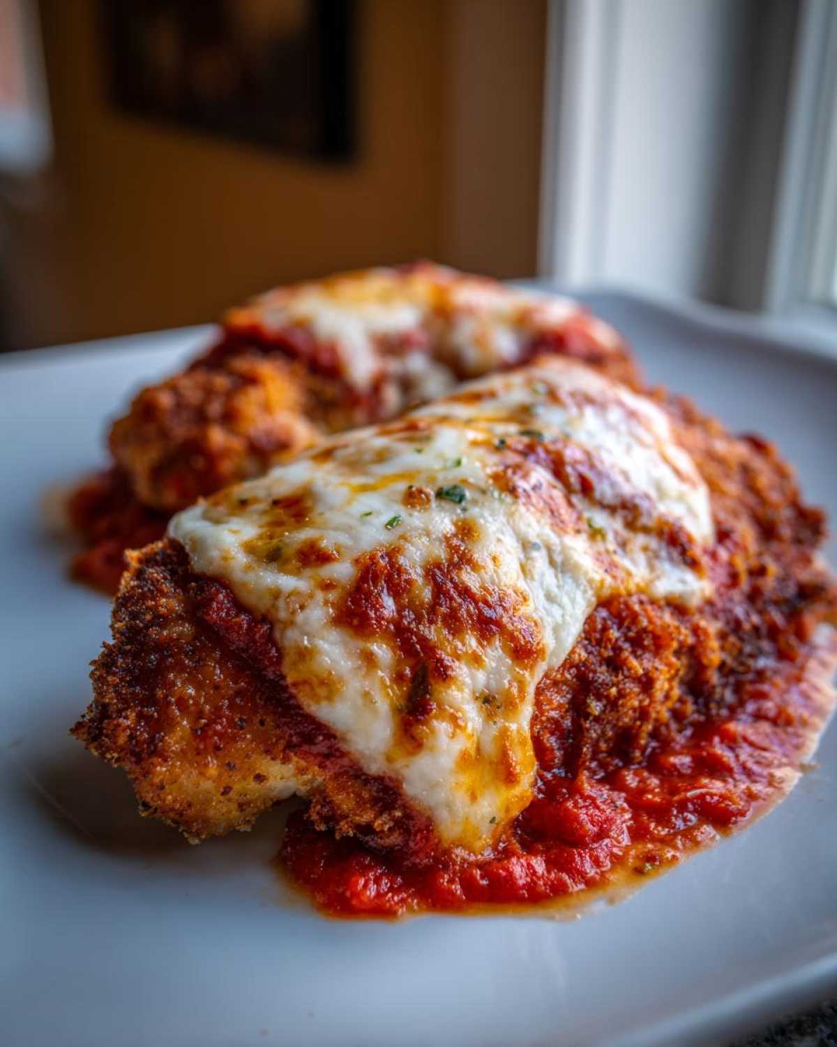 Close-up of a golden-brown breaded cutlet smothered in marinara sauce and melted mozzarella for a chicken parmesan recipe.