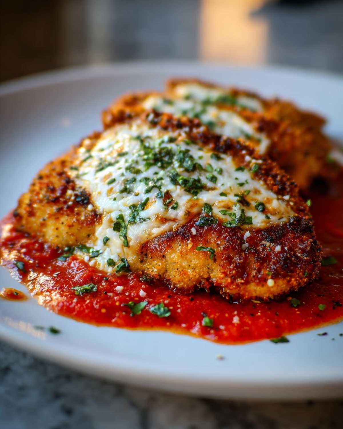 Close-up of a breaded chicken parmesan recipe fillet topped with melted mozzarella and fresh parsley, resting in bright red marinara sauce.