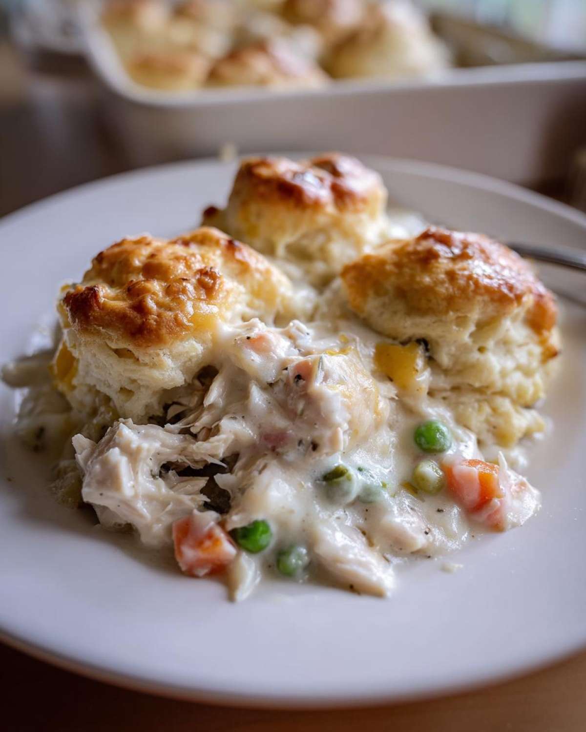 A serving of creamy chicken pot pie casserole topped with golden brown biscuits on a white plate.