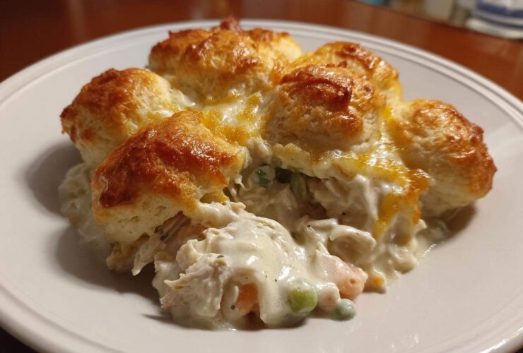 A serving of creamy chicken pot pie casserole topped with golden brown biscuits on a white plate.