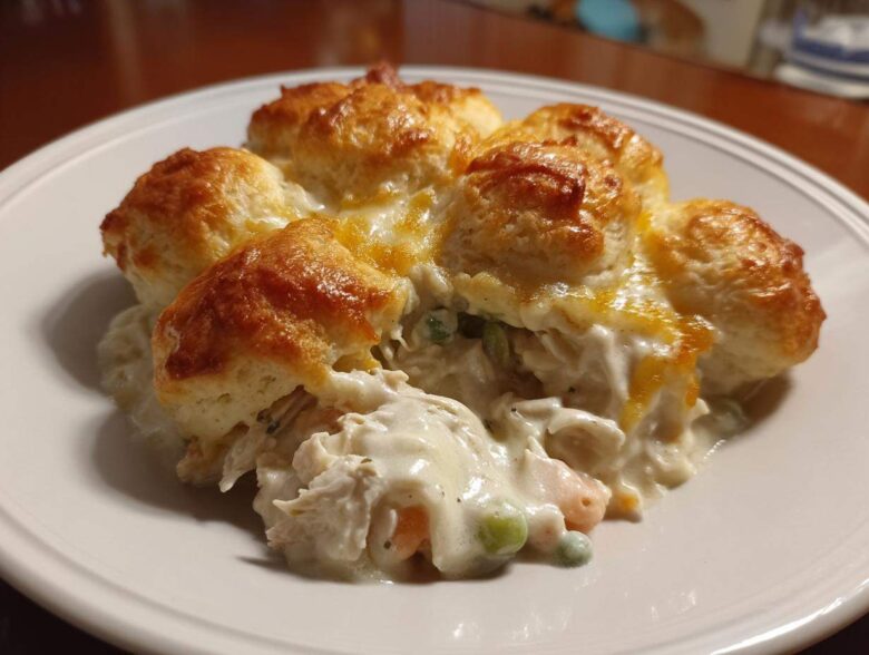 A serving of creamy chicken pot pie casserole topped with golden brown biscuits on a white plate.