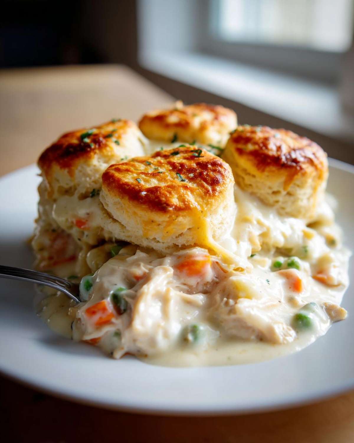 A serving of creamy chicken pot pie casserole topped with four golden biscuits, garnished with parsley.