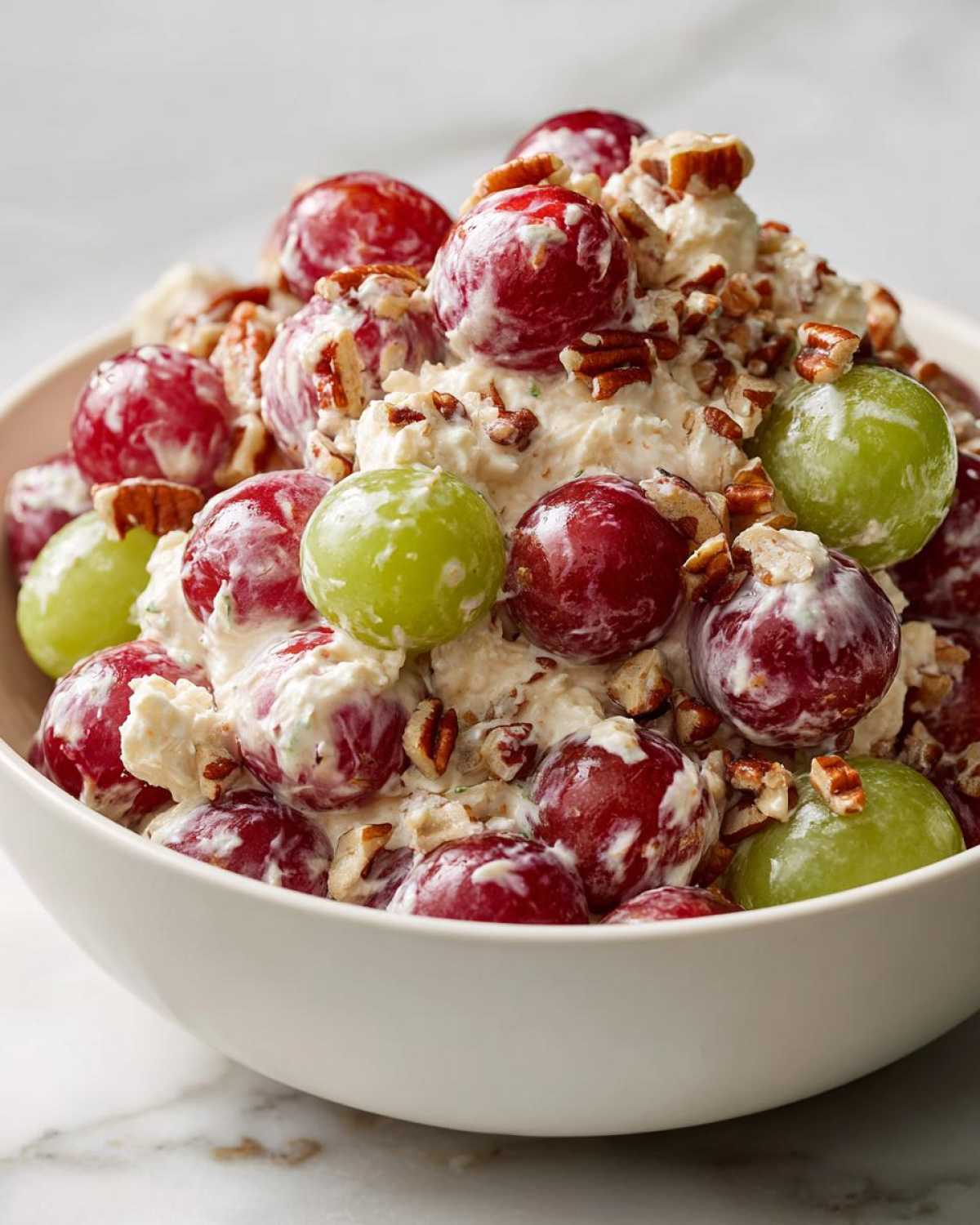 A close-up of rich chicken salad chick grape salad, featuring red and green grapes coated in creamy dressing and topped with chopped pecans.