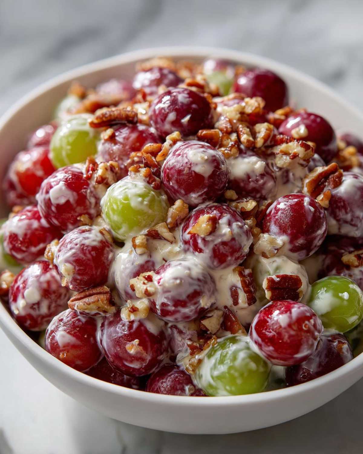 Close-up of creamy chicken salad chick grape salad featuring red and green grapes coated in a sweet dressing and topped with chopped pecans.