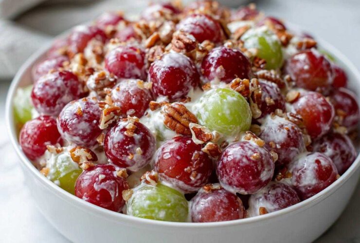 Close-up of creamy chicken salad chick grape salad featuring red and green grapes coated in dressing and topped with pecans.