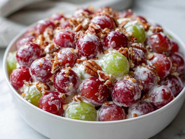 Close-up of creamy chicken salad chick grape salad featuring red and green grapes coated in dressing and topped with pecans.