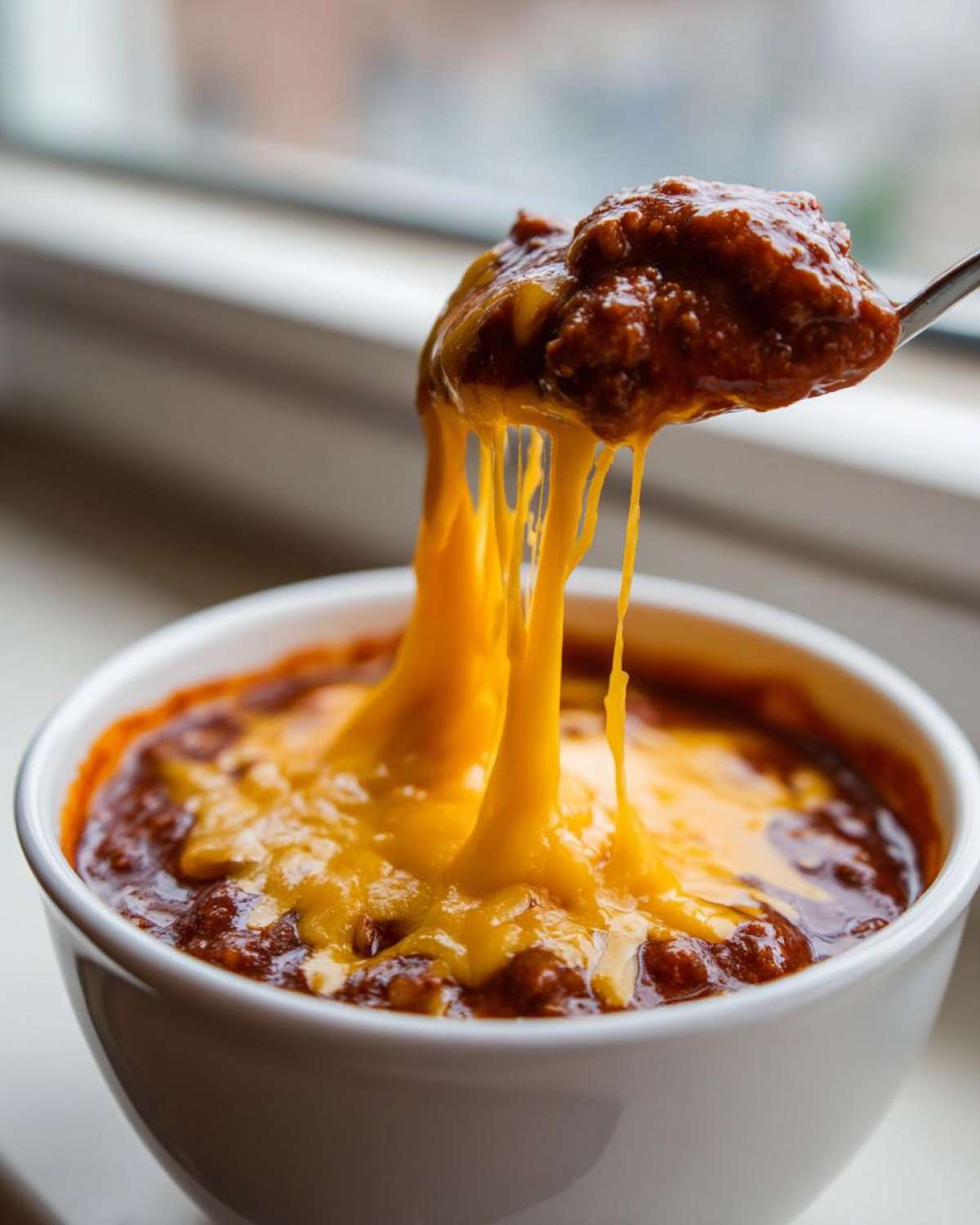 A spoonful of rich chili cheese dip showing extreme cheese pull from a white bowl.