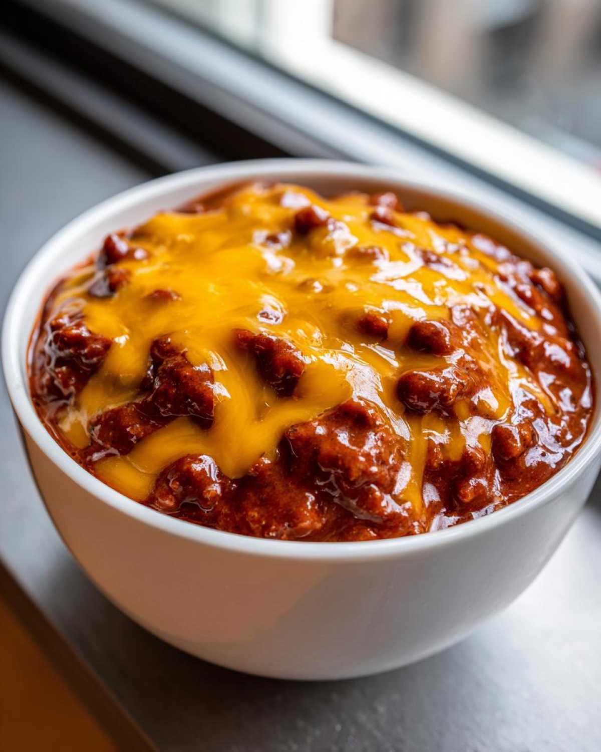 Close-up of a white bowl filled with rich, meaty chili cheese dip topped with melted bright orange cheddar cheese.