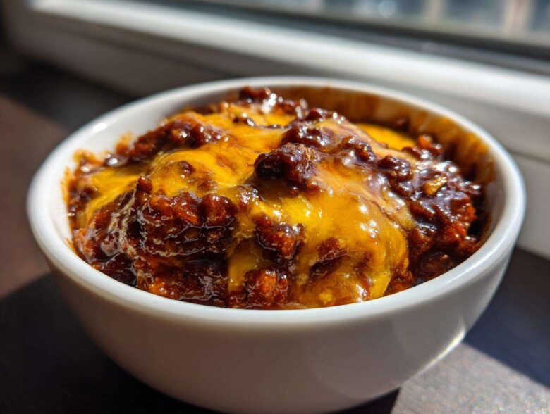 Close-up of rich, dark chili topped with perfectly melted bright orange cheddar cheese in a white bowl, showcasing the chili cheese dip.