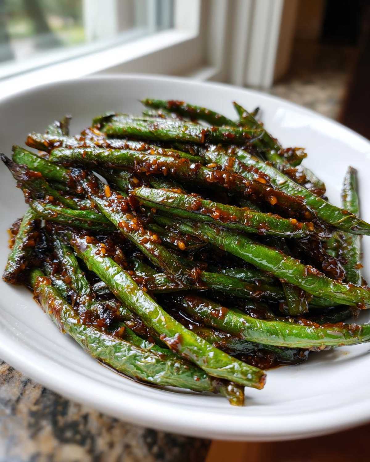 Close-up of vibrant Chinese green beans with garlic sauce, glistening in a white serving bowl.