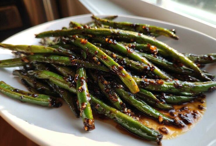 Close-up of vibrant Chinese green beans with garlic sauce, glistening under natural light.