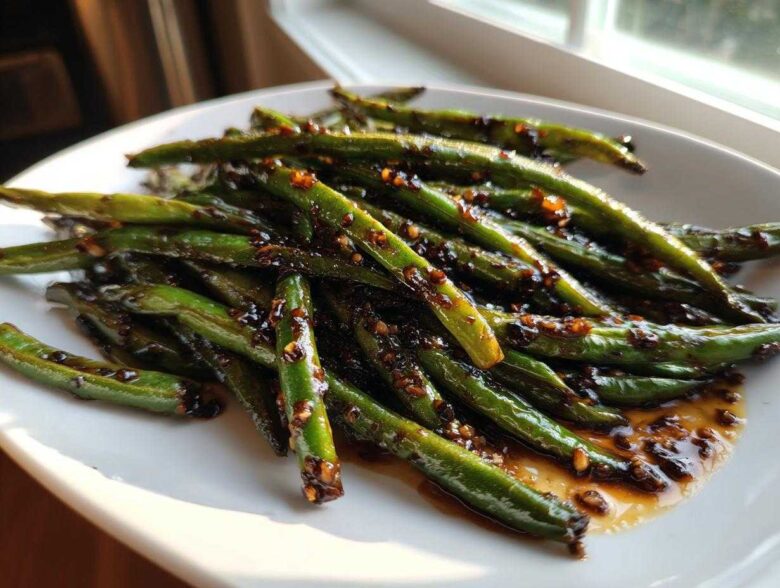 Close-up of vibrant Chinese green beans with garlic sauce, glistening under natural light.