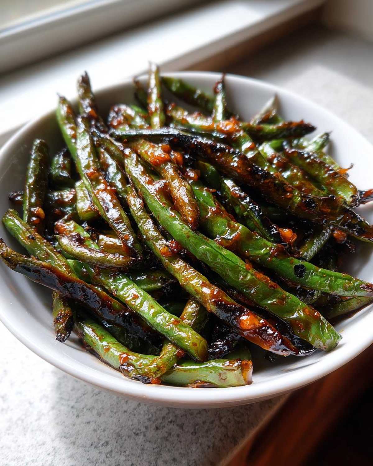 Close-up of blistered Chinese green beans with garlic sauce served in a white bowl.