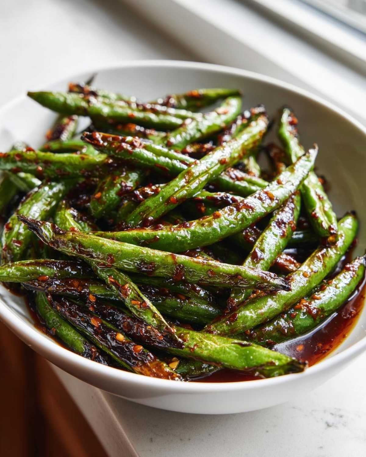 Close-up of vibrant Chinese green beans with garlic sauce, showing blistered texture and chili flakes.