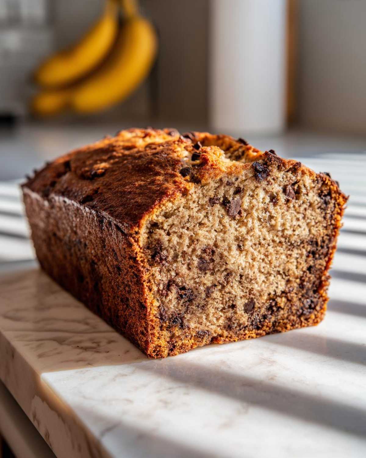 A close-up of a freshly baked chocolate chip vegan banana bread loaf sitting on a marble surface.