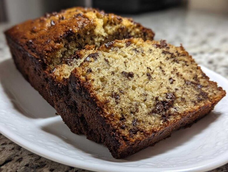 Close-up of sliced chocolate chip vegan banana bread showing a moist crumb and dark crust.