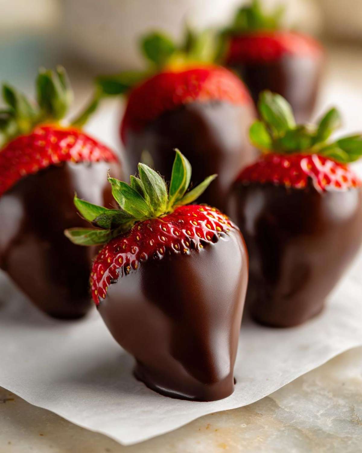 Close-up of freshly made chocolate covered strawberries resting on parchment paper.