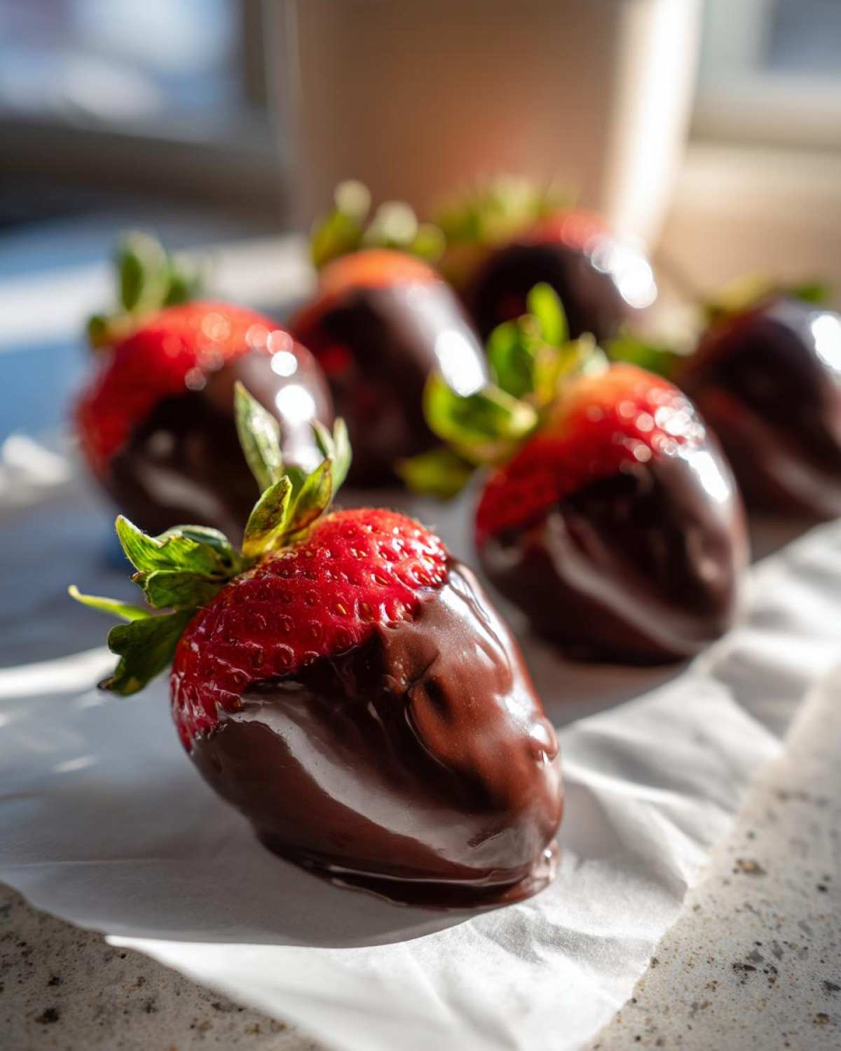 A close-up of fresh chocolate covered strawberries resting on white parchment paper, highlighting the glossy dark chocolate coating.