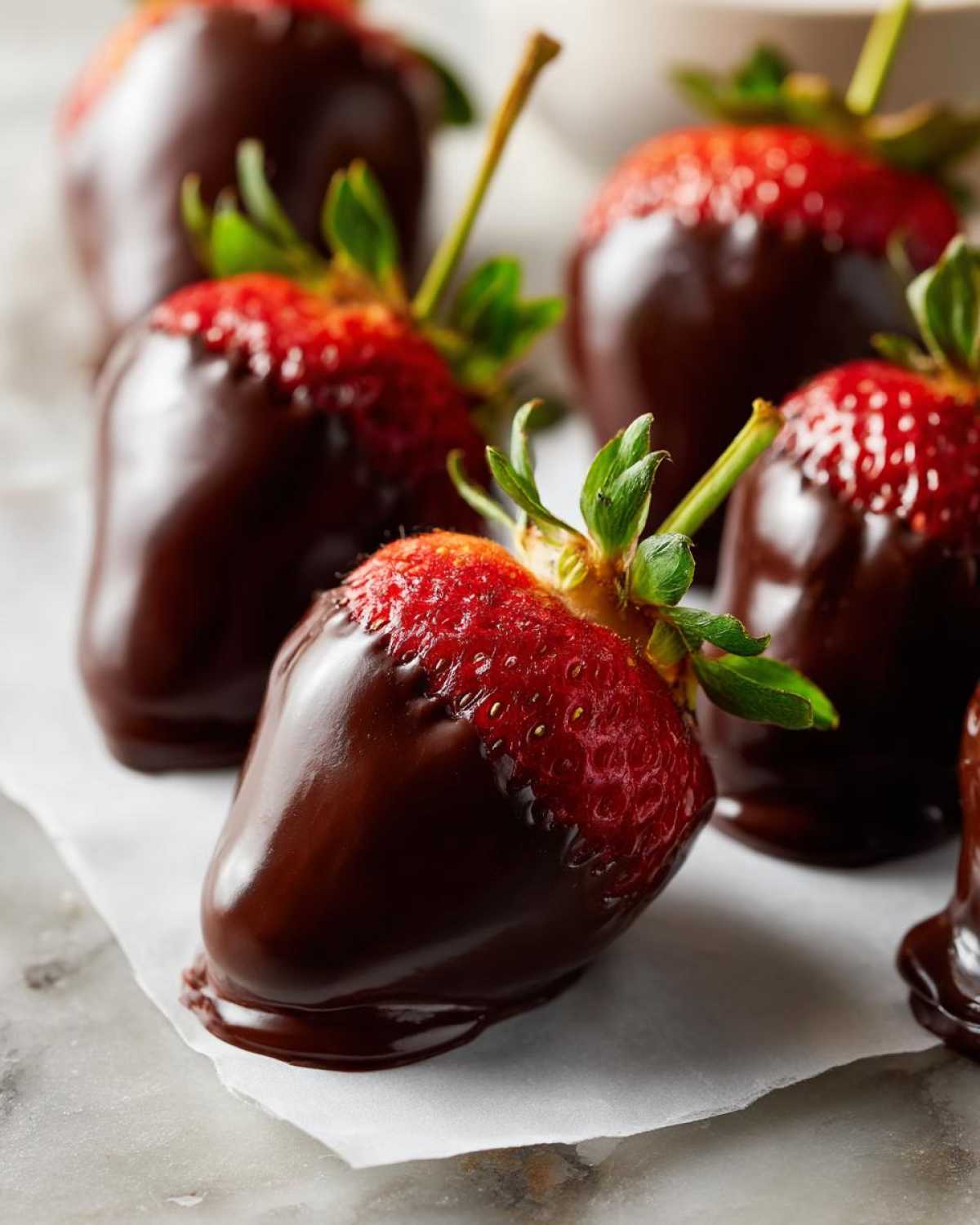 Close-up of fresh chocolate covered strawberries resting on parchment paper after being dipped.