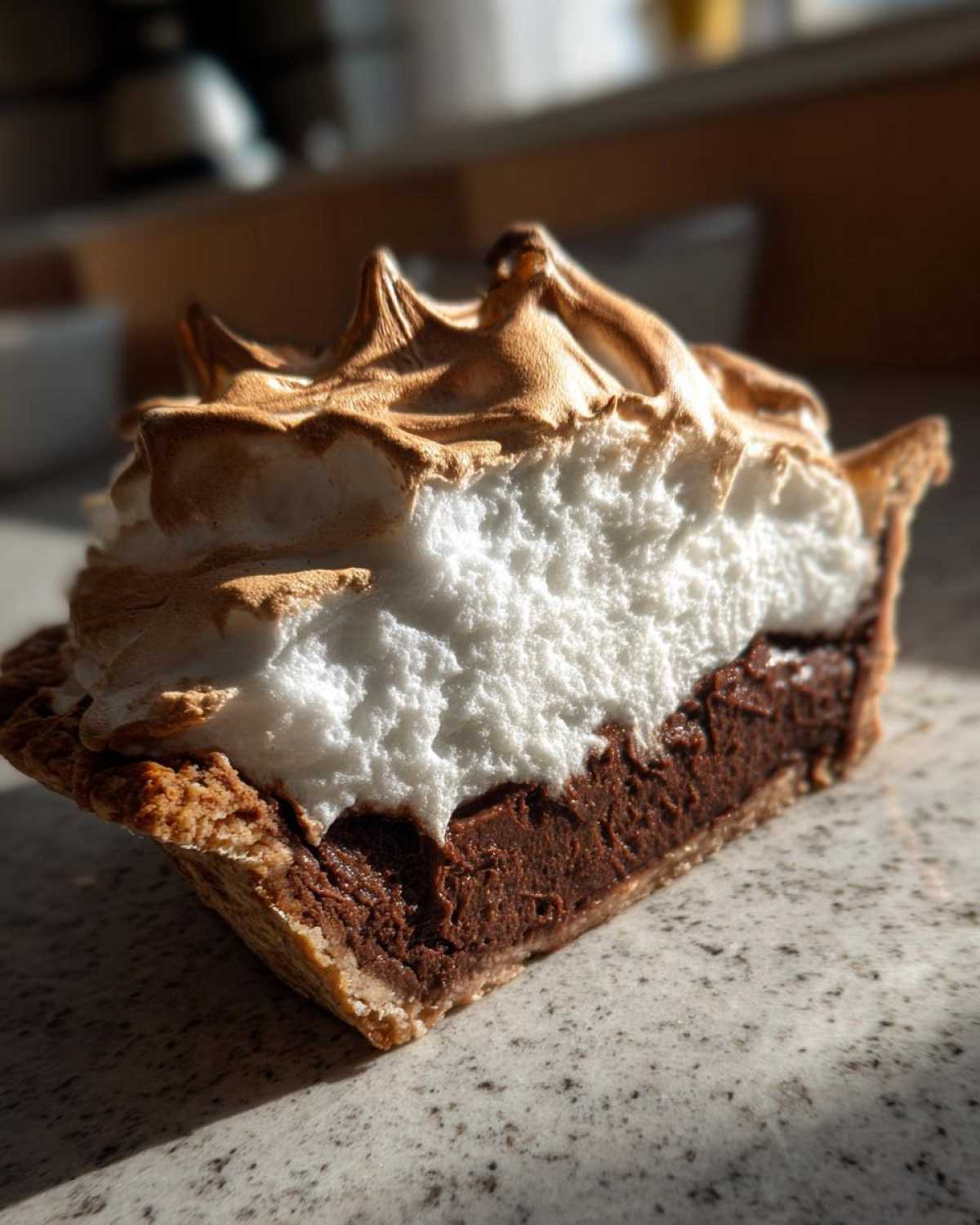 Cross-section of a slice of chocolate meringue pie showing rich filling and perfectly torched meringue.
