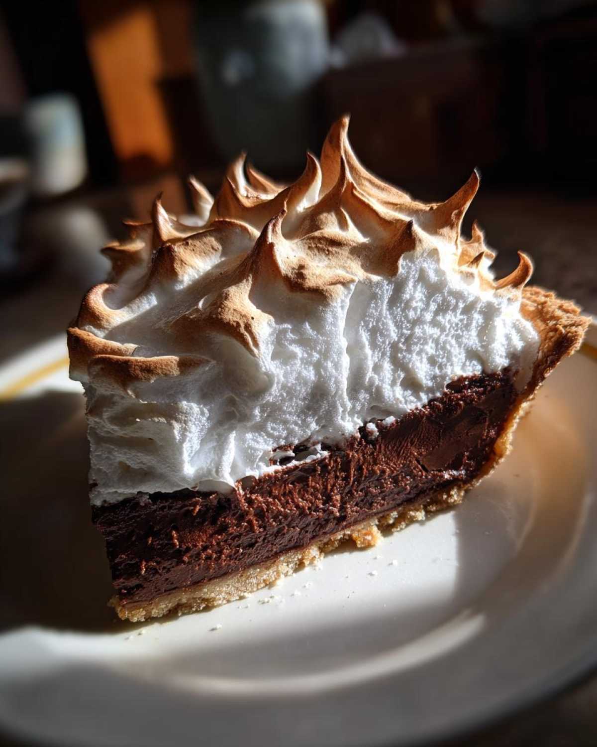 A tall slice of chocolate meringue pie showing rich chocolate filling and peaks of toasted meringue.