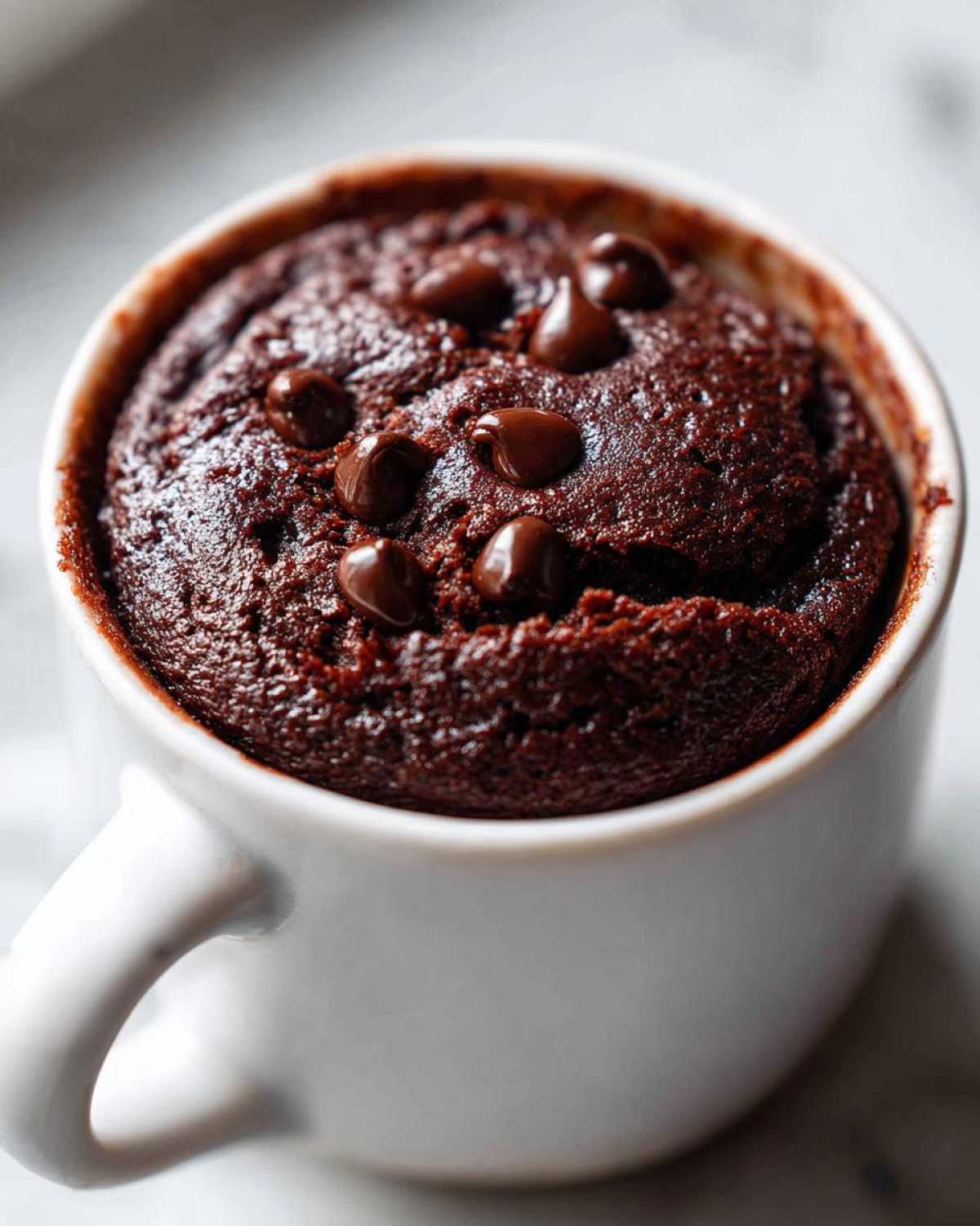 Close-up of a rich, dark chocolate mug cake topped with melted chocolate chips.