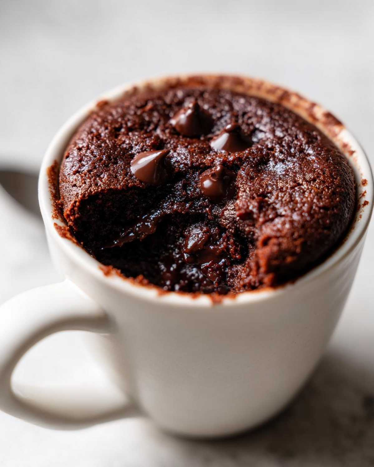 Close-up of a rich chocolate mug cake in a white mug, showing melted chocolate chips and a soft, gooey center.
