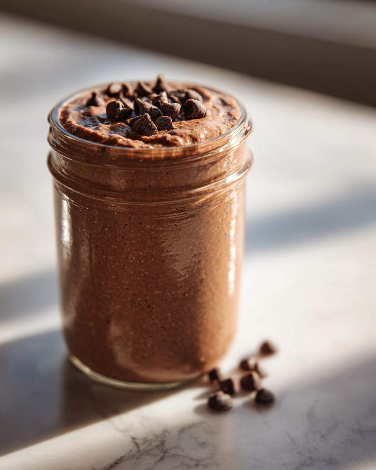 A jar filled with thick, rich chocolate overnight oats topped with chocolate chips.