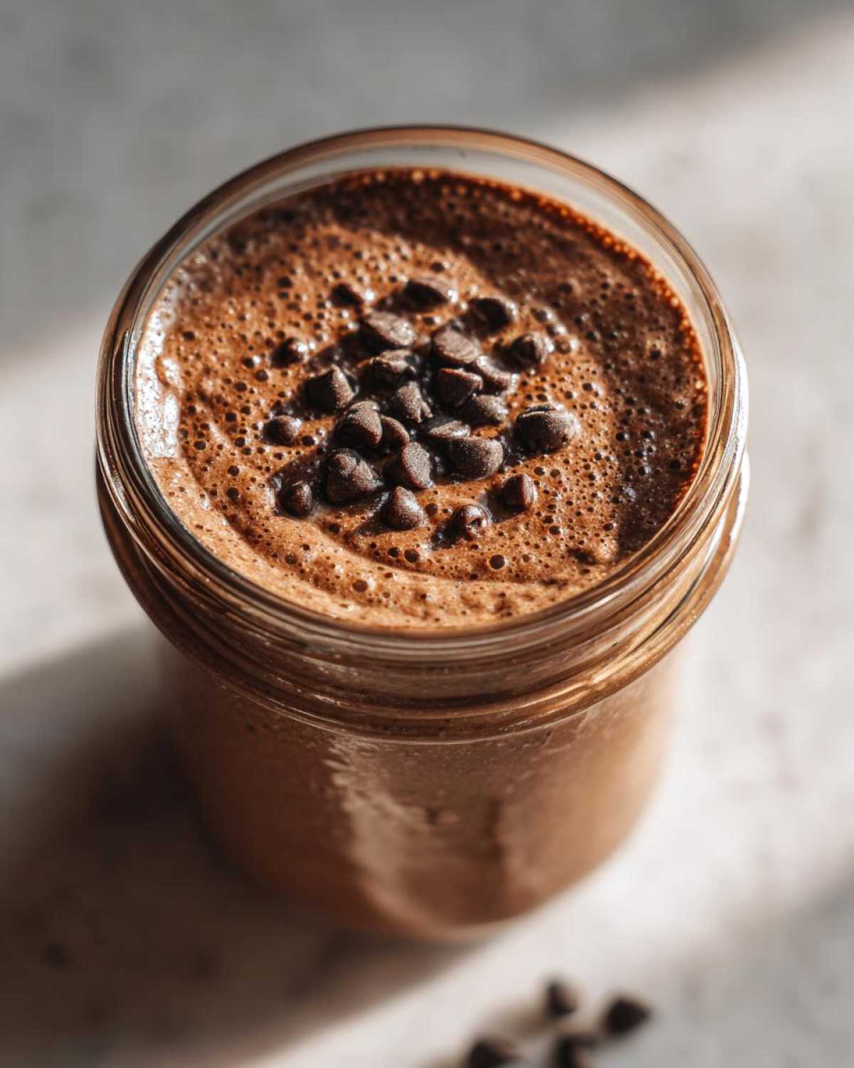 Overhead close-up of rich, thick chocolate overnight oats in a glass jar, topped with mini chocolate chips.