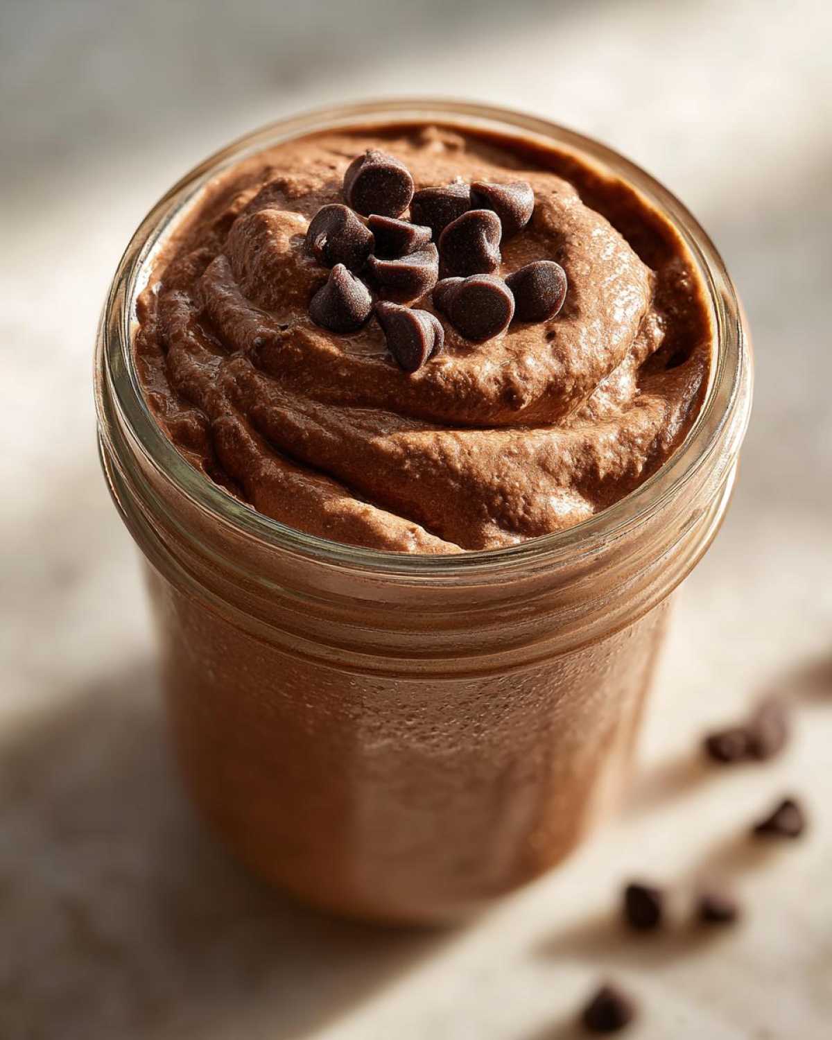 Close-up of rich chocolate overnight oats in a jar, topped with mini chocolate chips.