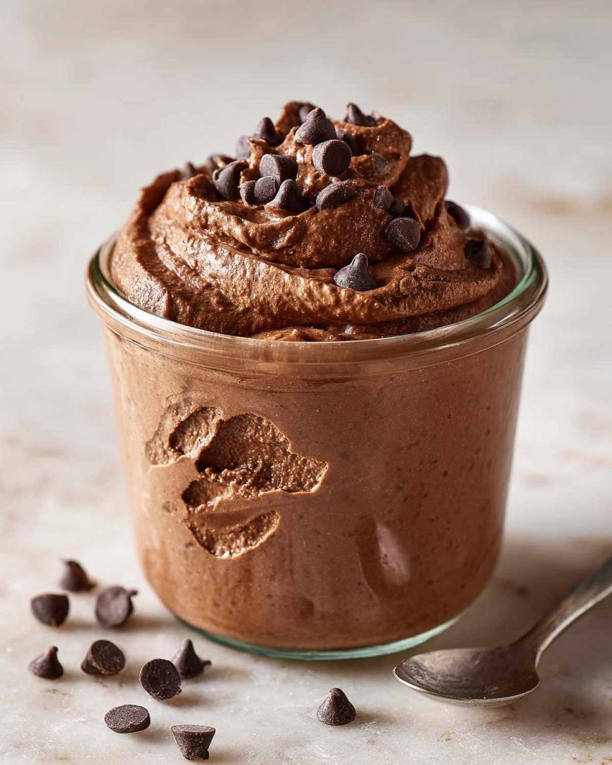 A glass jar filled with thick, creamy chocolate overnight oats, topped with chocolate chips.