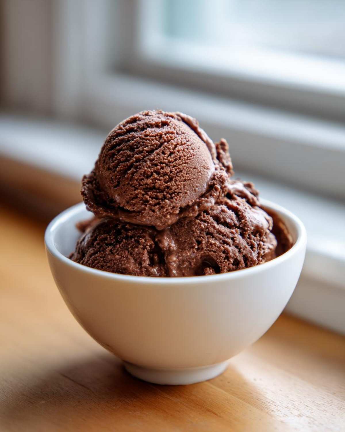 Three scoops of rich chocolate protein ice cream served in a small white bowl.
