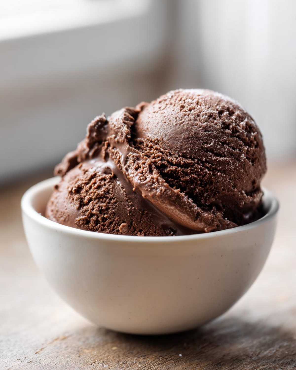 Two scoops of rich, dark chocolate protein ice cream served in a small white bowl.