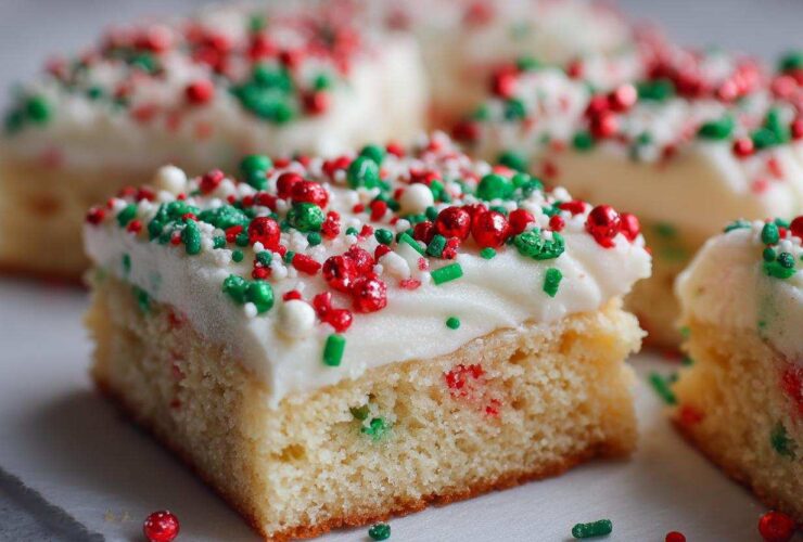 A close-up of a square slice of Christmas sugar cookie bars topped with thick white frosting and red and green holiday sprinkles.
