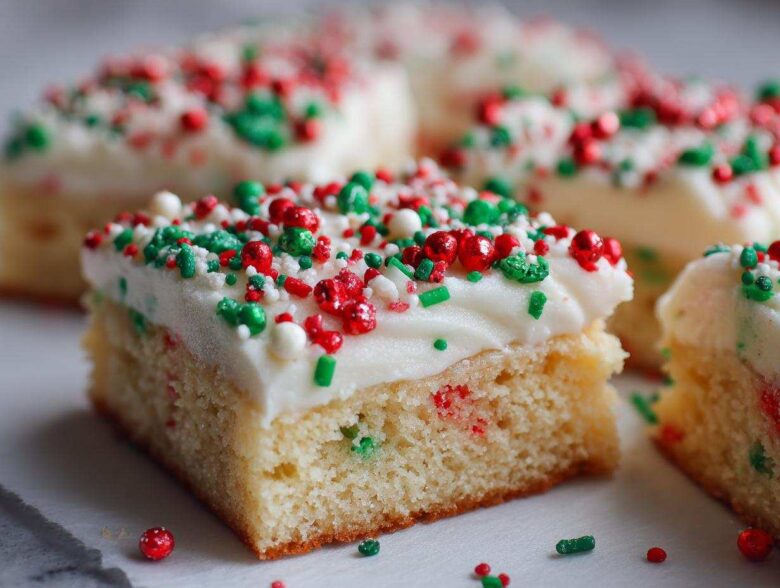 A close-up of a square slice of Christmas sugar cookie bars topped with thick white frosting and red and green holiday sprinkles.