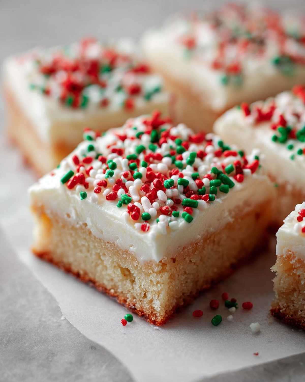 A close-up of a square Christmas sugar cookie bars topped with white frosting and red, green, and white holiday sprinkles.