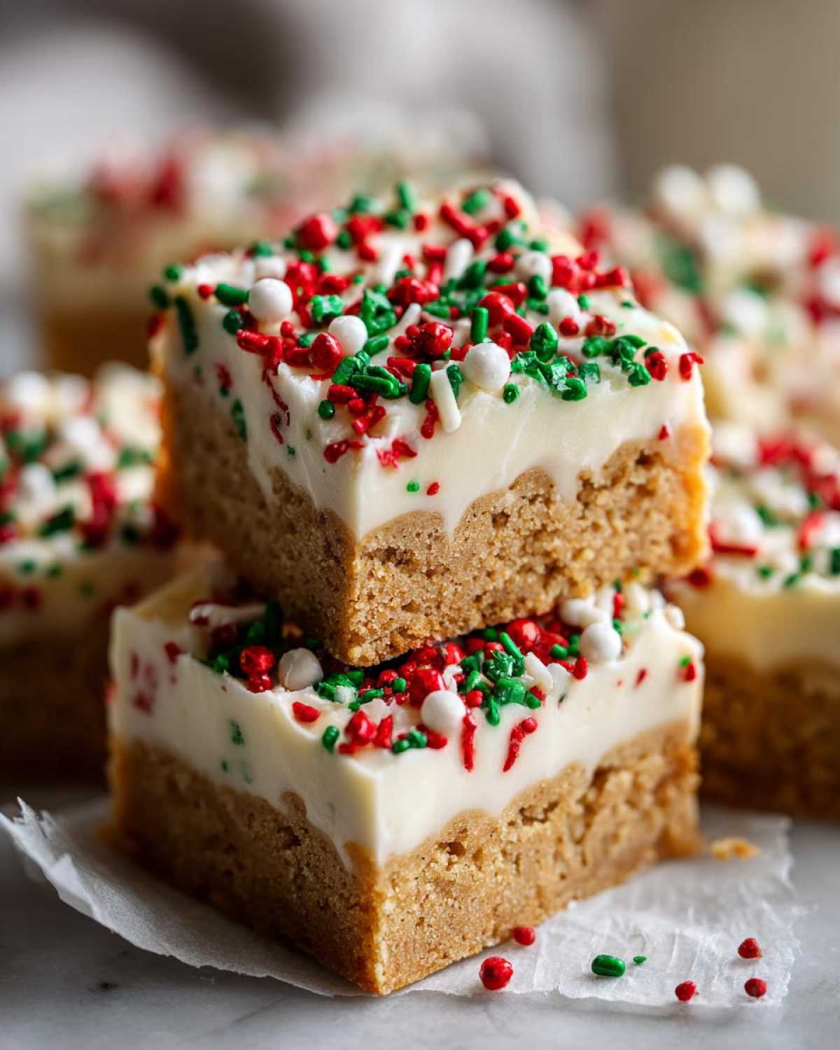 Two stacked squares of Christmas sugar cookie bars topped with thick white frosting and red and green holiday sprinkles.