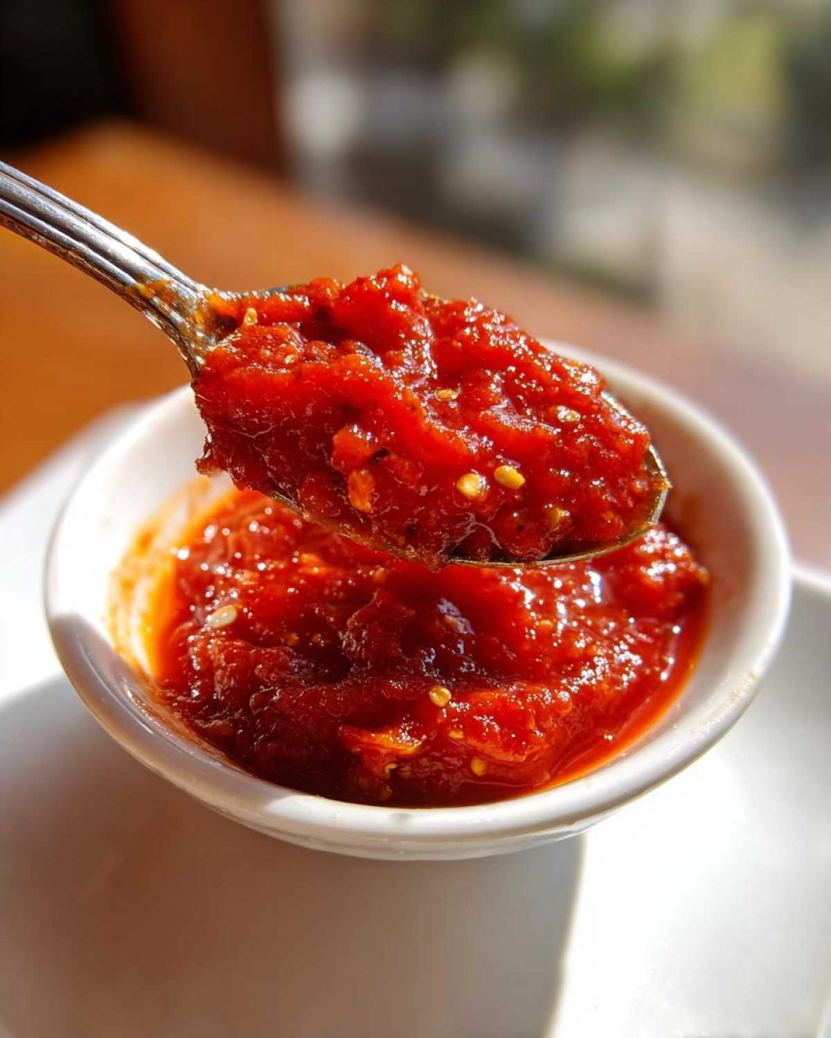 A spoonful of vibrant, chunky red pizza sauce being lifted from a small white bowl.