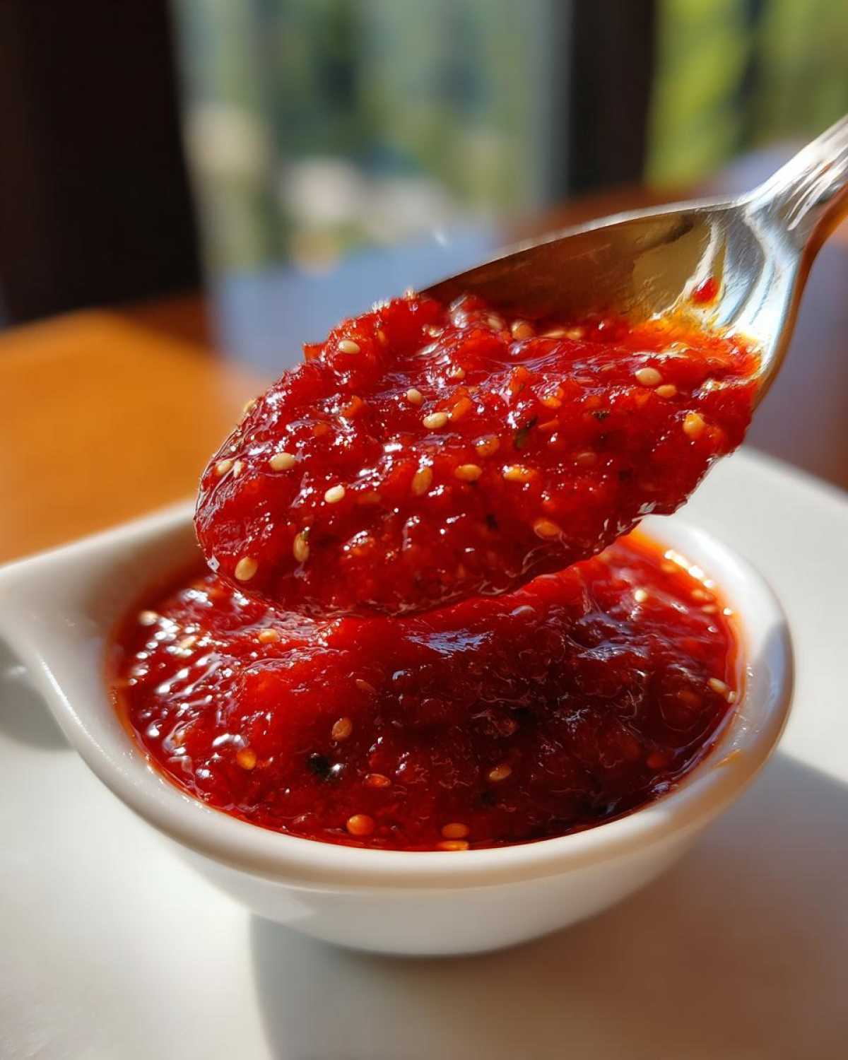 A spoonful of thick, bright red pizza sauce, speckled with visible seeds, being lifted from a small white bowl.