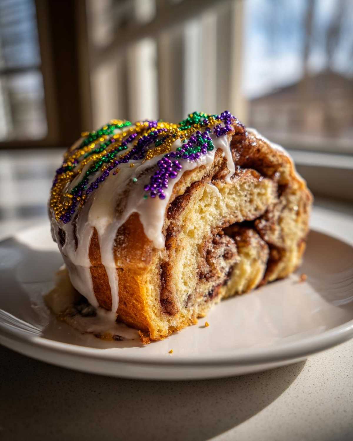 Close-up of a slice of cinnamon swirl king cake topped with white icing and purple, green, and gold Mardi Gras sprinkles.
