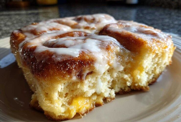 A close-up of a soft, baked portion of cinnamon roll casserole drizzled with white icing.