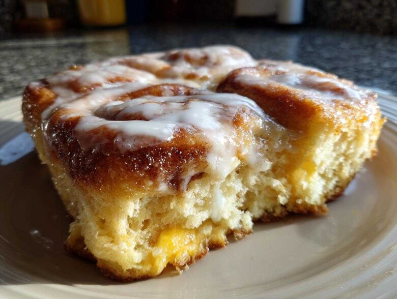 A close-up of a soft, baked portion of cinnamon roll casserole drizzled with white icing.