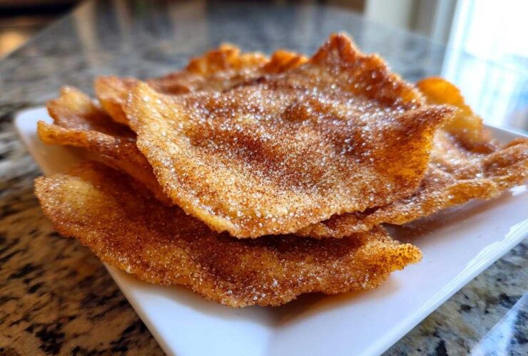 A stack of crispy, fried buñuelos generously coated in cinnamon sugar, resting on a white rectangular plate.