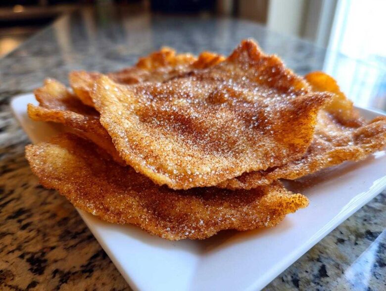 A stack of crispy, fried buñuelos generously coated in cinnamon sugar, resting on a white rectangular plate.