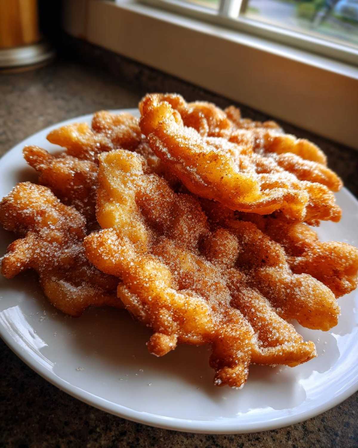 A pile of freshly fried, golden brown buñuelos heavily dusted with cinnamon sugar, served on a white plate.